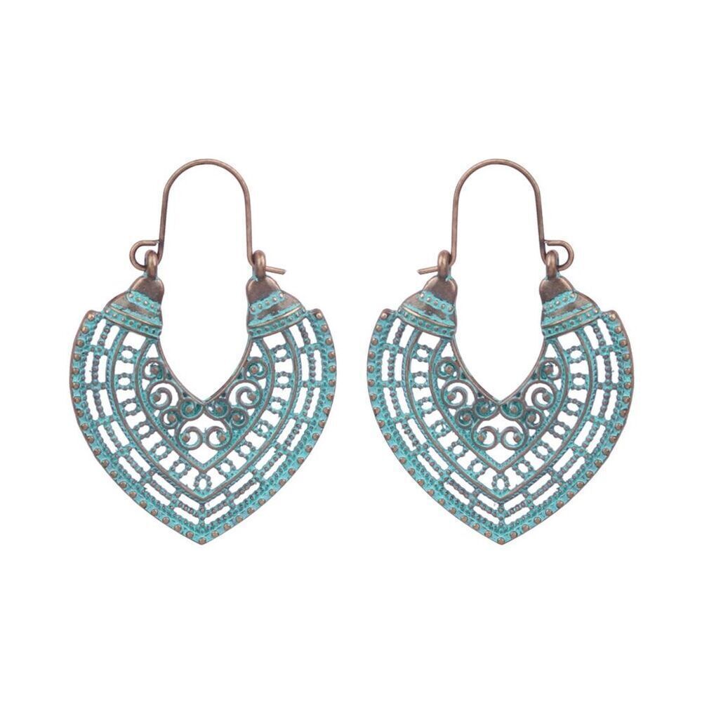 Bohemian Turquoise Blue & Bronze Tone Dangle Curved Hoop Earrings Hinged Back